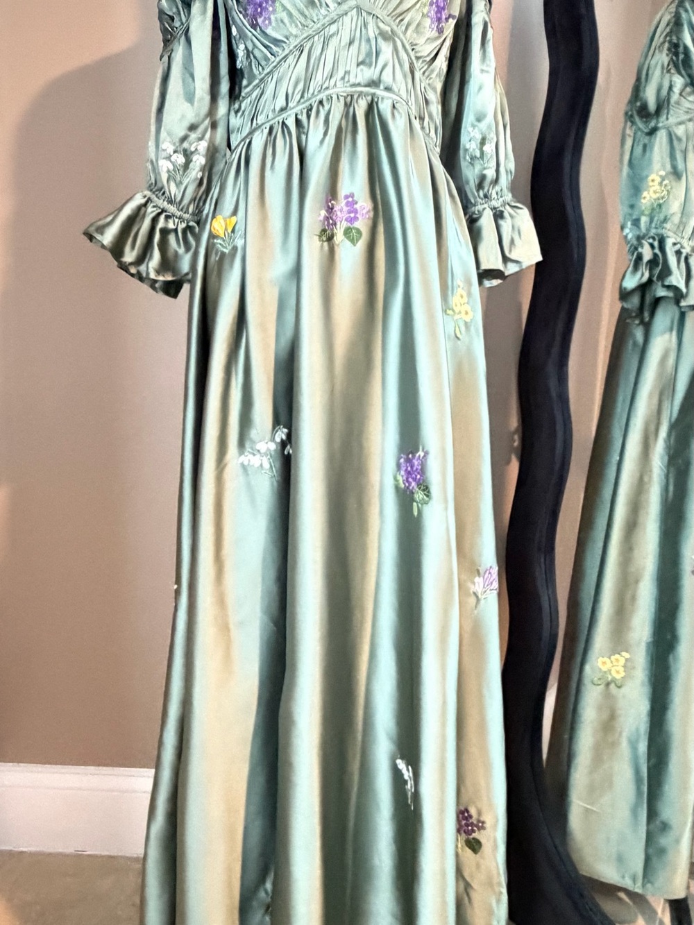 ASOS DESIGN Embroidered Bodice Satin Bias Maxi Dress - Olive / Sage Green US 8 - Picture 2 of 12